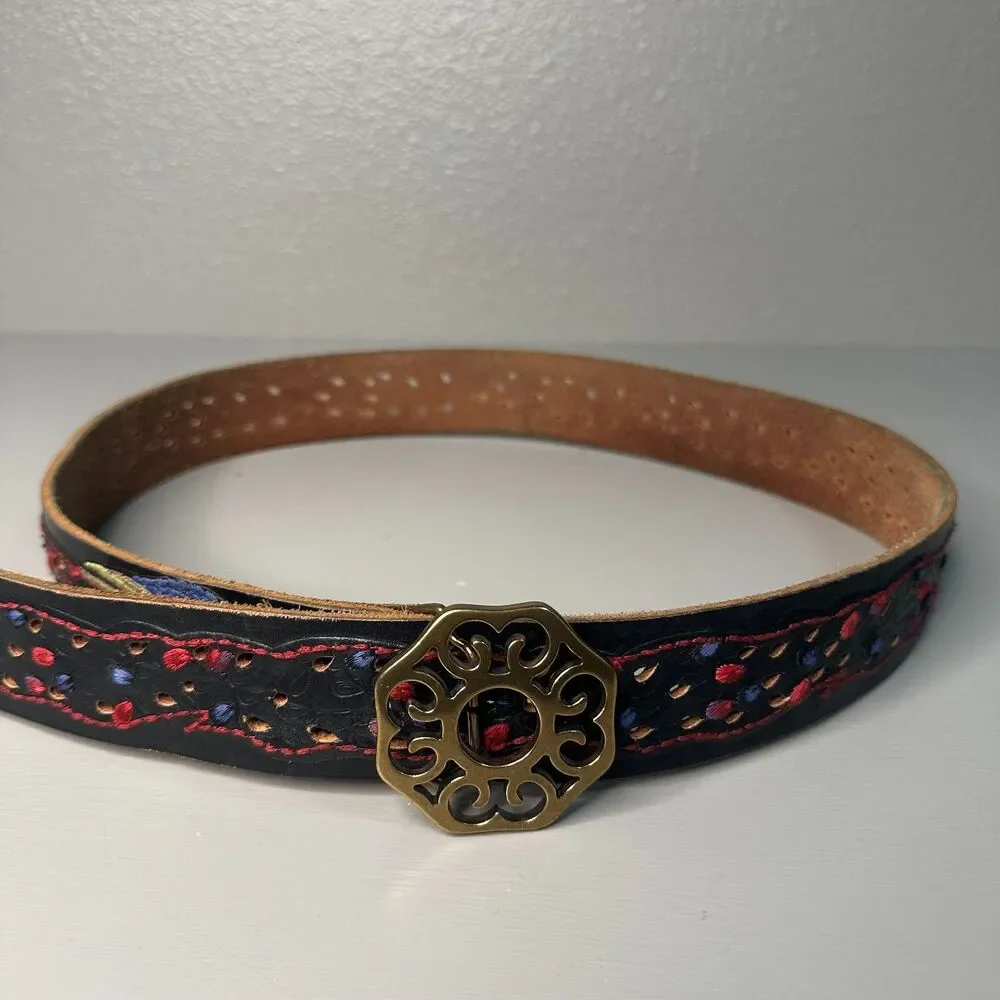 Lucky Brand Embroidered Peacock Black Leather Belt Large Studs Boho